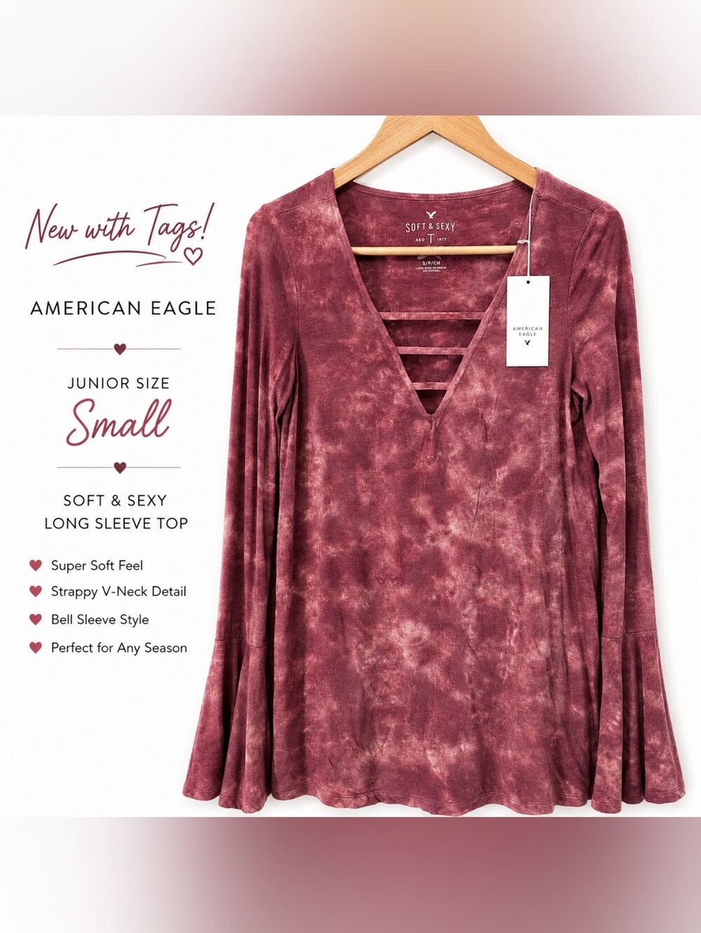 American Eagle Outfitters Soft & Sexy Burgundy Tie-Dye Long Sleeve V-Neck Top